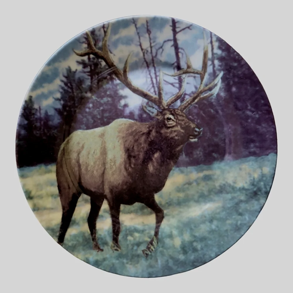 Vtg Bull Elk Whistler Pine Forest Field Meadow Blue Sky Ceramic Plate